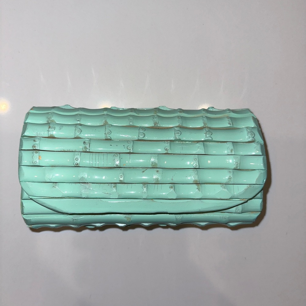 J McLaughlin aqua natural bamboo 70s style clutch bag sac